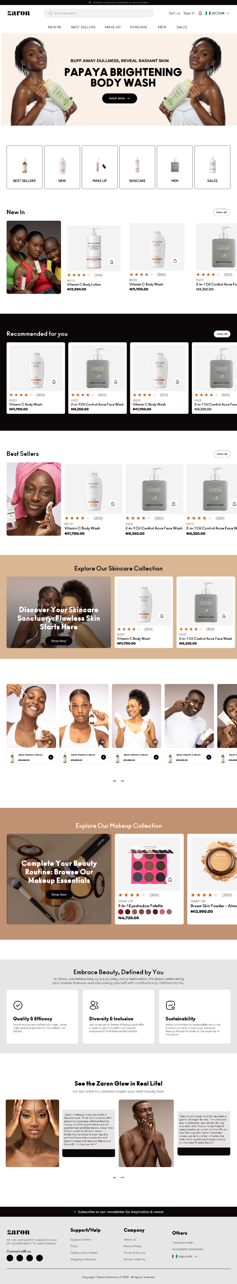 Zaron Cosmetics storefront home and product discovery